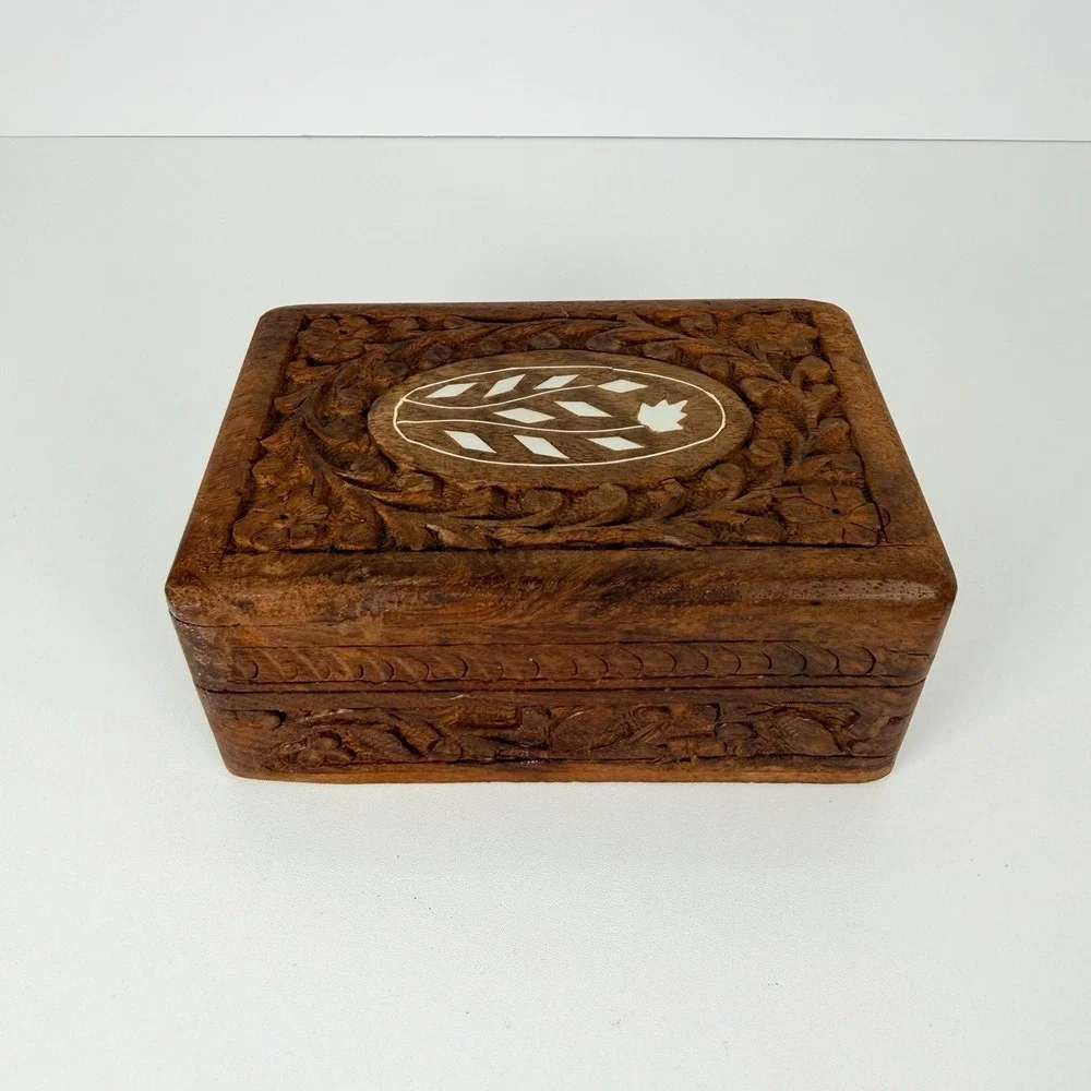 Hand Carved Wooden Jewelry Box Vintage Floral Inlay India Trinket Box